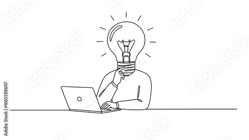 Line Drawing of a human brain line art light bulb head creativity laptop innovation continuous drawing modern design