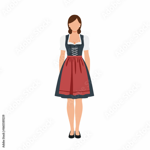 A traditional Bavarian dirndl is worn by a cheerful woman in a vibrant 2D flat vector illustration, presented full-body with clean lines and solid colors, isolated on a white background.