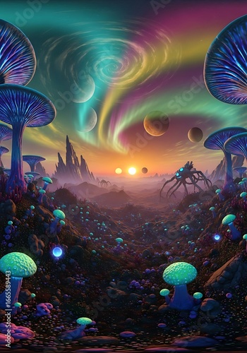 Alien mushroom planet sunrise