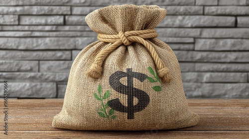 Rough burlap sack overflowing with US dollar bills and stacked coins on dark reflective surface - seamless pattern design