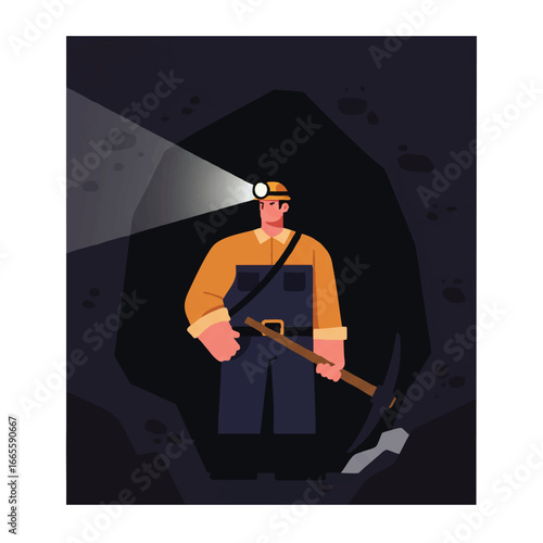 A minimalist 2D flat vector illustration shows a miner with a headlamp, holding a pickaxe, in a stylistically dark, solid-color environment, isolated on a clean white background.