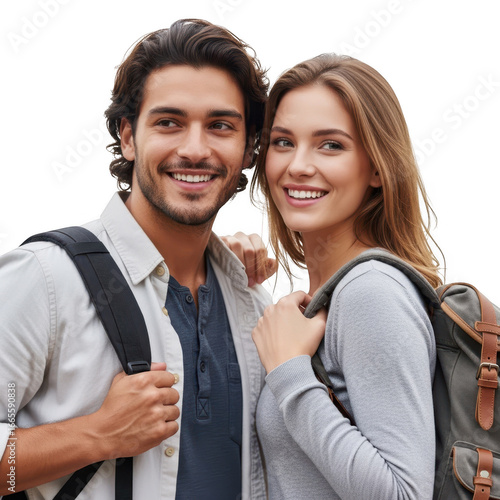 Joyful couple embarking on outdoor adventure with backpacks ready transparent background