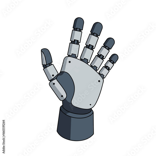 Isometric 2D flat vector illustration showcasing a robotic hand with splayed fingers, rendered using solid colors and crisp, clean lines, isolated on a bright white background.