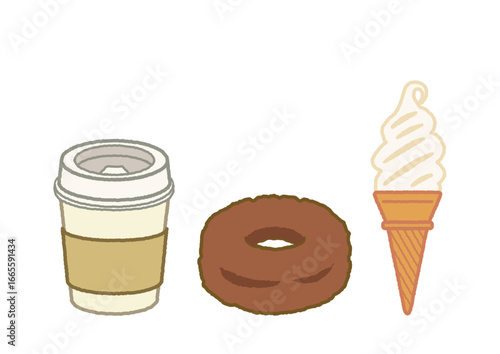 カフェメニュー イラスト ドーナツとソフトクリームと珈琲