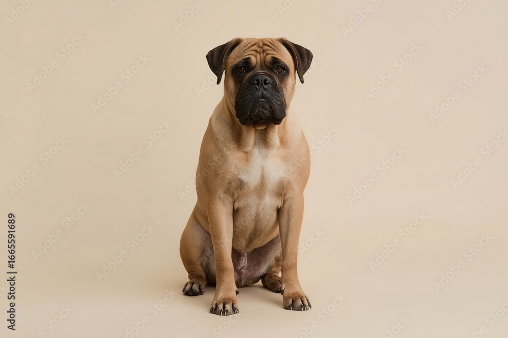 Obraz premium Studio Bullmastiff portrait, seated, beige backdrop