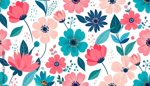 A cheerful, vibrant floral pattern features various flowers in shades of pink, teal, and blue, arranged across a white backdrop with decorative elements and leaves.