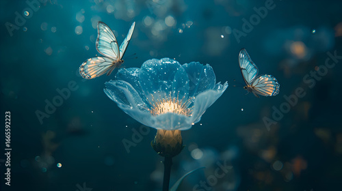 Glowing butterflies illuminate bright energy beneath, mystical flower begins to awaken soul with its vibrant light