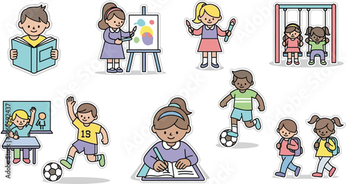 Adorable cartoon kids learning, creating, playing together happily today