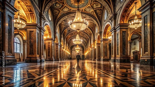 Ornate Hallway with Chandeliers and Reflective Floor in a Grand Building