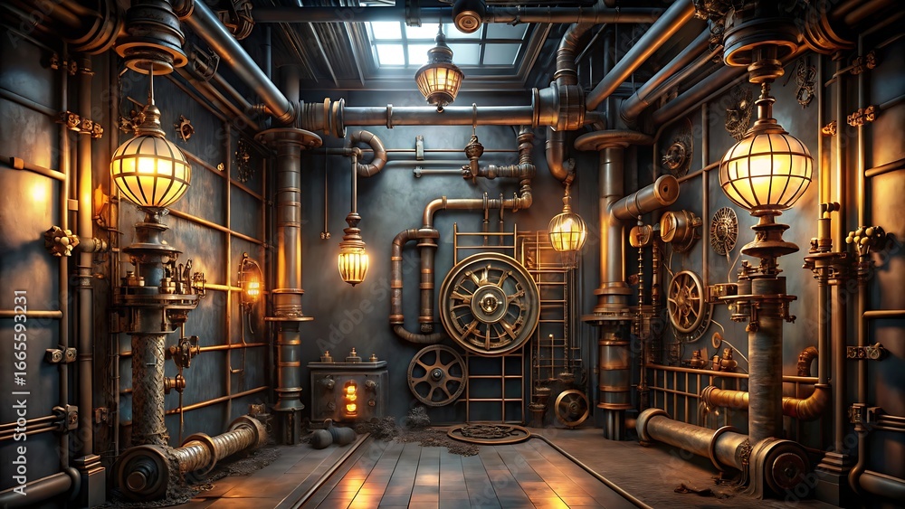 Obraz premium Intricate Steampunk Machine Room with Pipes Gears and Glowing Ornate Lamps