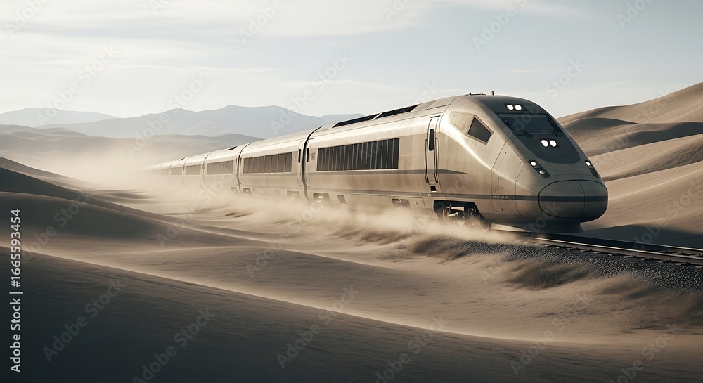 Obraz premium High-Speed Train in Desert Landscape.