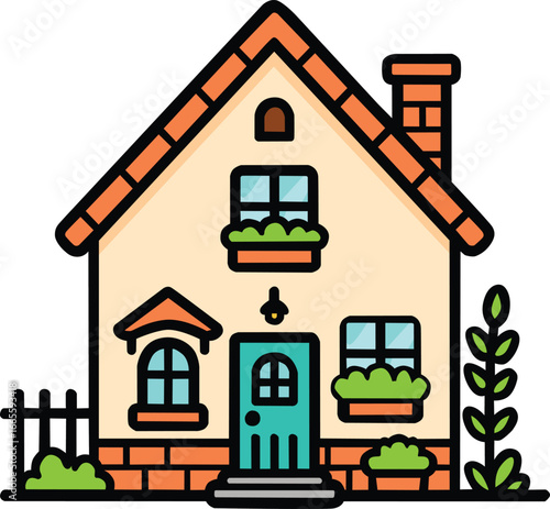 Charming Cozy House with Garden, Cute Cartoon Style Home with Windows, Door, Chimney, Plants, and Roof  Cute Cartoon Style Cottage Perfect for Real Estate, Architecture, Family Living