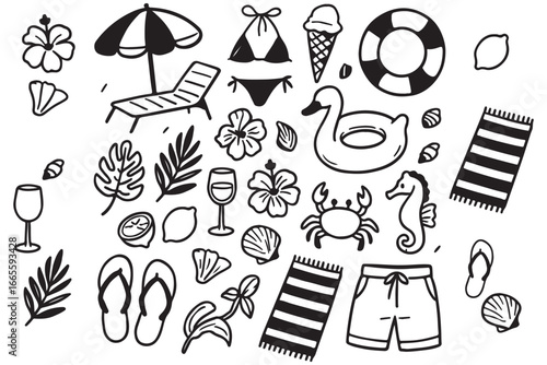 Coastal life summer elements line art set. Vector hand drawn illustration. All elements are isolated.