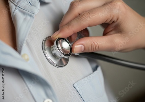 Medical professional using a stethoscope to check a patient's heartbeat, representing vital signs and a health check-up