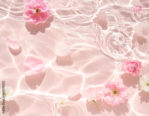 Crystal clear underwater with shimmering rippling reflections on pastel pink sandy bottom, elegant floating petals and blossoms, dreamy bright composition
