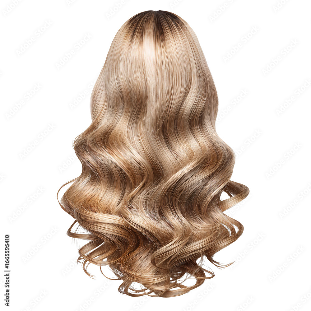 Naklejka premium Luxurious blonde wavy hair, isolated on transparent, promoting salon quality, highlighting natural