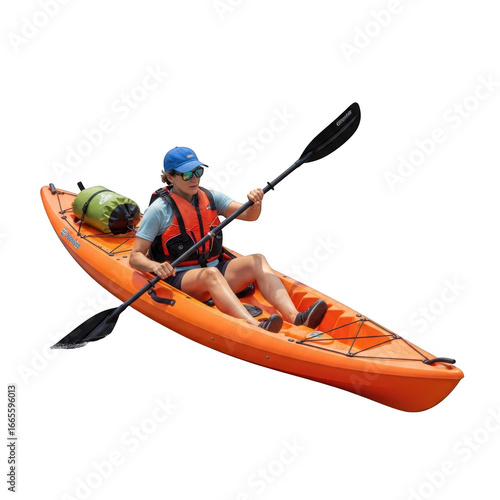 Person kayaking with paddle in orange kayak outfitted for adventure transparent background