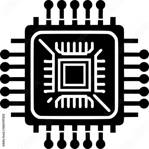 Minimalist black and white vector icon of a chip. Clean, modern, geometric style perfect for logos, stickers, or digital use.