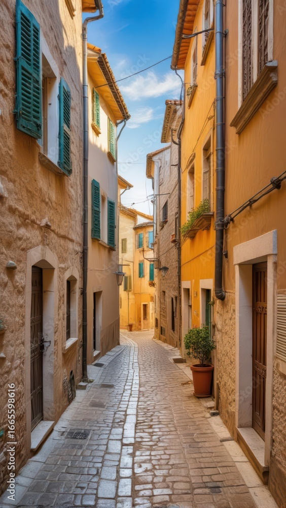 Fototapeta premium Narrow cobblestone street in old town Piran lined with historic buildings and narrow stone walls