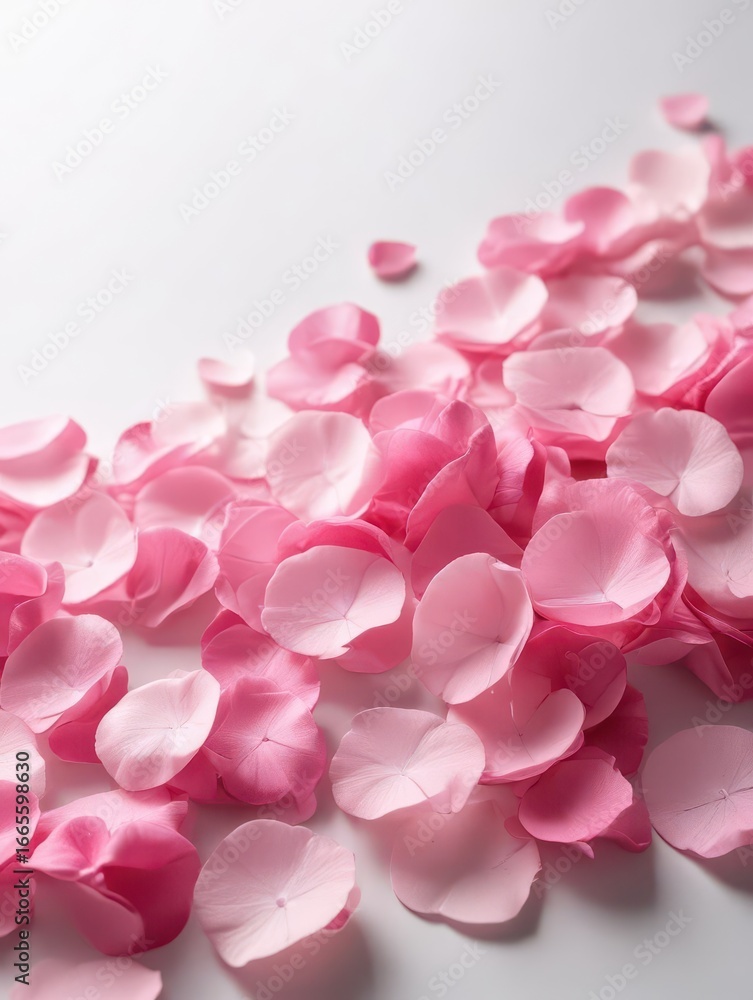 Fototapeta premium Fresh pink rose petals scattered on a crisp white background