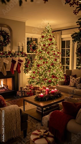 Cozy Christmas Eve in a Festive Living Room. Traditional home interior with a glowing Christmas tree, warm fireplace, and presents. Holiday home decor.