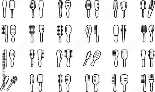 Collection of black outline hair brushes and combs on white background grooming beauty
