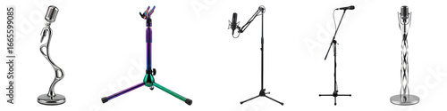 Collection of five different microphone stands isolated on transparent background