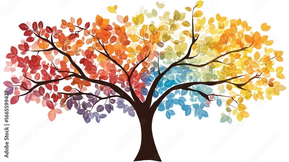 Fototapeta premium A colorful autumn tree with leaves in shades of orange, yellow, red, and purple against a white background.