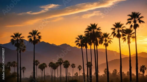 Silhouetted palm trees against a stunning mountain range at sunset in La Quinta