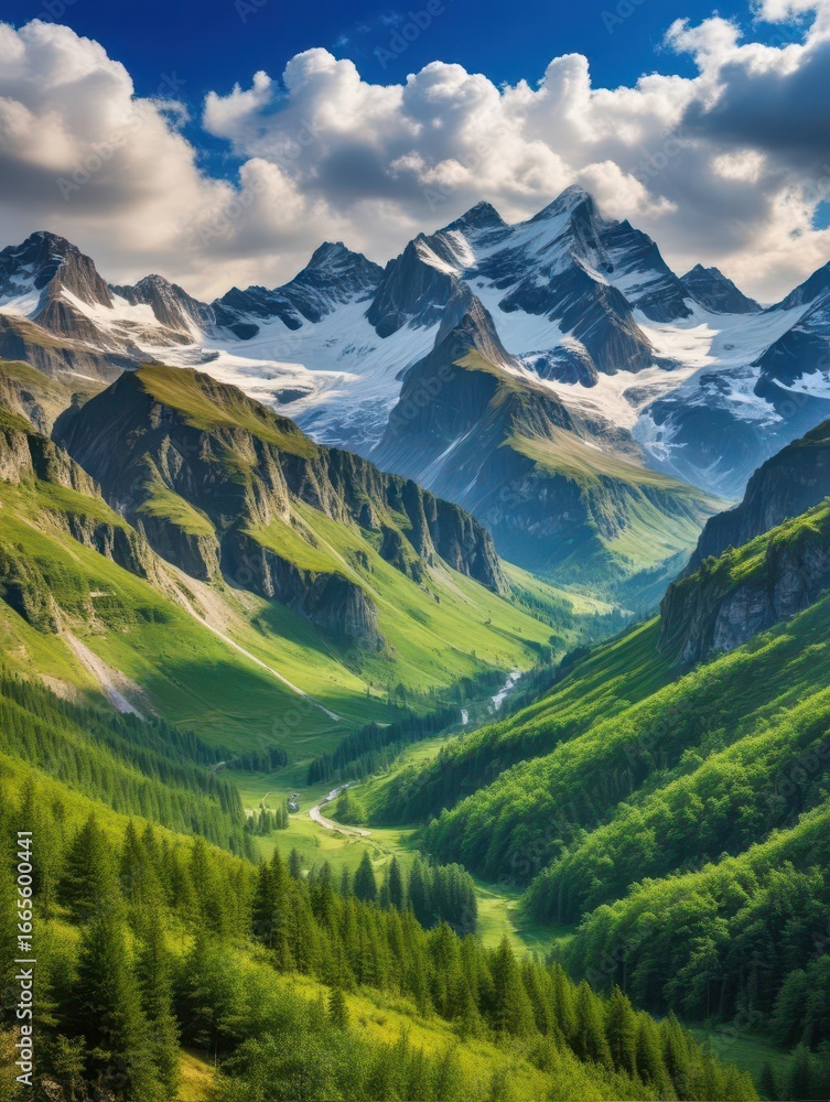Fototapeta premium A rugged mountain range with snow-capped peaks and valleys covered in lush greenery
