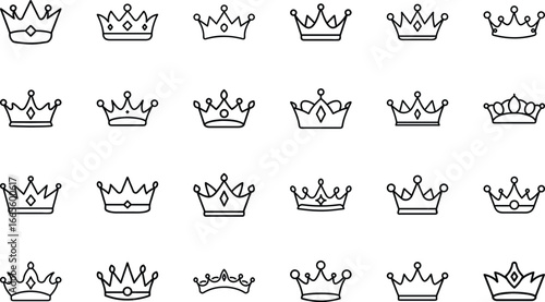 Collection of simple black line art crown icons on white background king queen