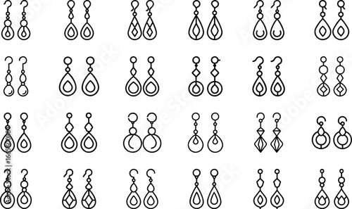 Collection of various black outline dangle earrings on white background jewelry fashion