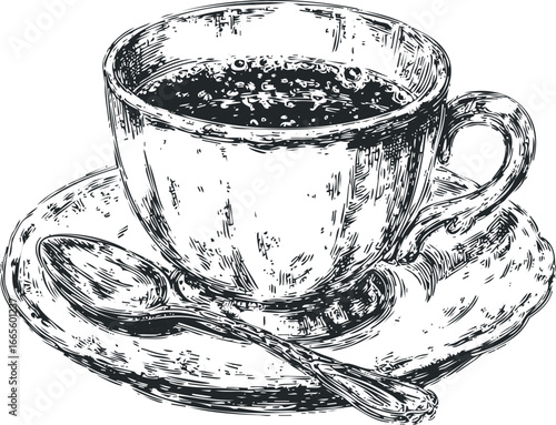 Hand Drawn Coffee Cup and Saucer with Spoon