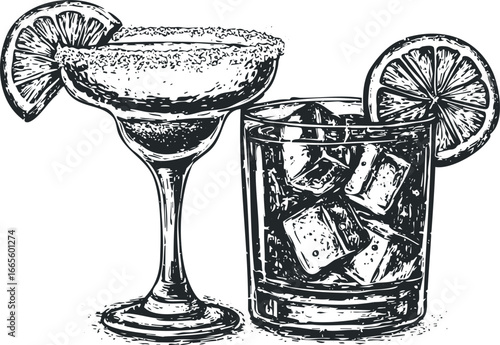 Two alcoholic beverages with ice, lime wedges, and salted rims