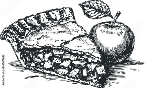 Slice of apple pie and whole apple with leaf presented in a sketchy linework style