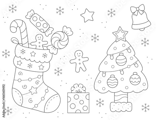 easy christmas coloring pages for adults. black and white design with christmas tree and stocking. Exclusive on Adobe Stock. Printable on letter size (8.5 x 11 in) paper.	