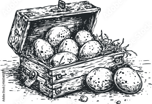 Wooden Treasure Chest Filled With Spotted Eggs and Nesting Material