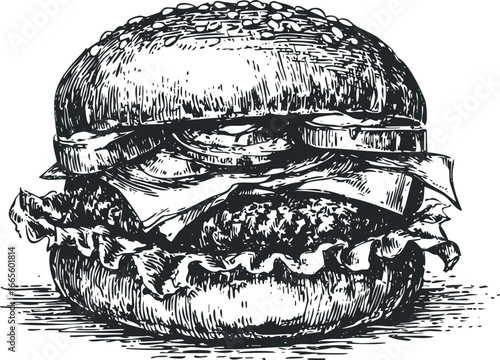 Sketch of a gourmet hamburger with lettuce, tomato, onion, and cheese