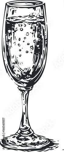 Hand drawn sketch of a wine glass filled with sparkling liquid and bubbles