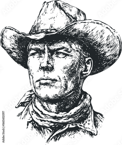 Sketch of a Determined Cowboy Wearing a Wide-brimmed Hat and Bandana