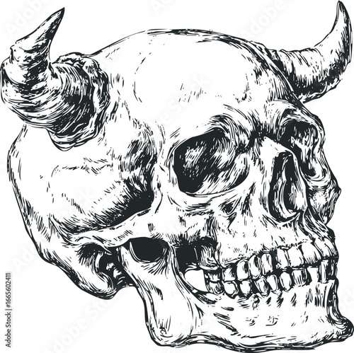 Ink sketch of a demonic skull with twisted horns and empty eye sockets on a white background
