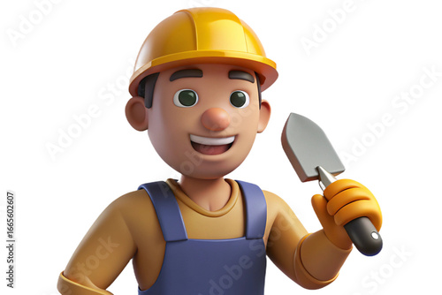 Happy cartoon bricklayer character with trowel ready for construction work transparent background