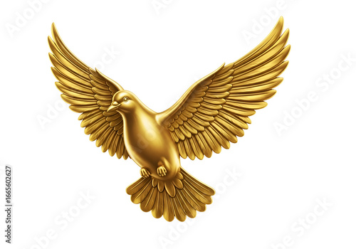 A golden dove in flight, soaring against a stark black background, displays intricate details in its wings and body, evoking a sense of elegance and freedom.