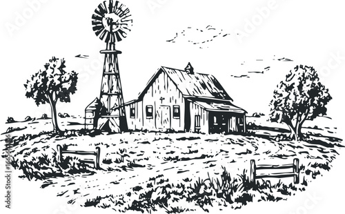 Black and White Sketch of Rural Farmhouse with Windmill and Trees