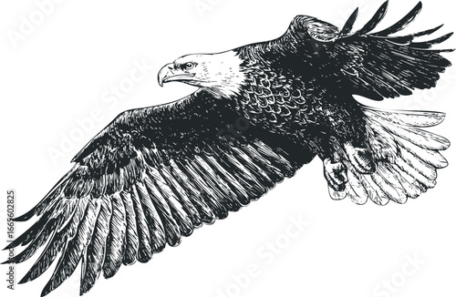 Detailed black and white sketch of a bald eagle in flight