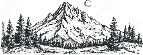 Sketch of Majestic Mountain Peak Surrounded by Evergreen Trees Under a Full Moon