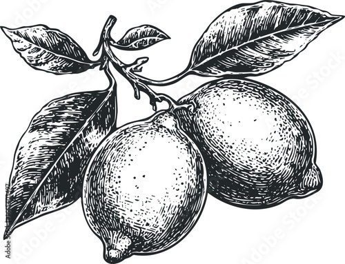 Vintage style sketch of two lemons on a branch with leaves