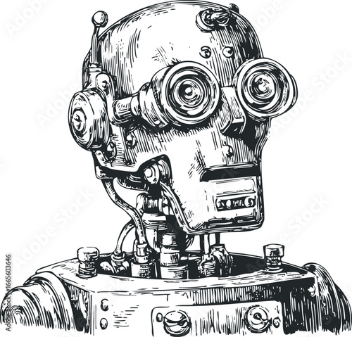 Detailed Sketch of a Vintage Robot Head with Goggles and Wires