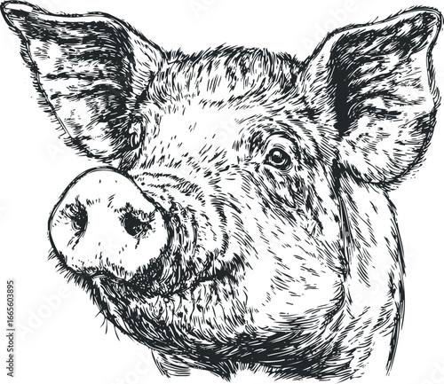 Detailed sketch of a pig's head with textured fur and expressive eyes