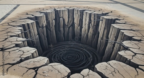 Anamorphic Art: Illusion of a Deep Abyss with Cracked Earth and Vortex